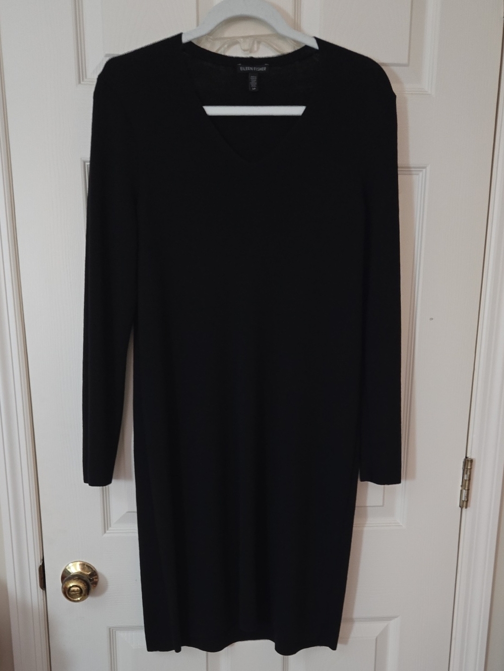 Eileen Fisher Black Long-Sleeve V-Neck Knit Dress 100% Extra Fine Merino Wool